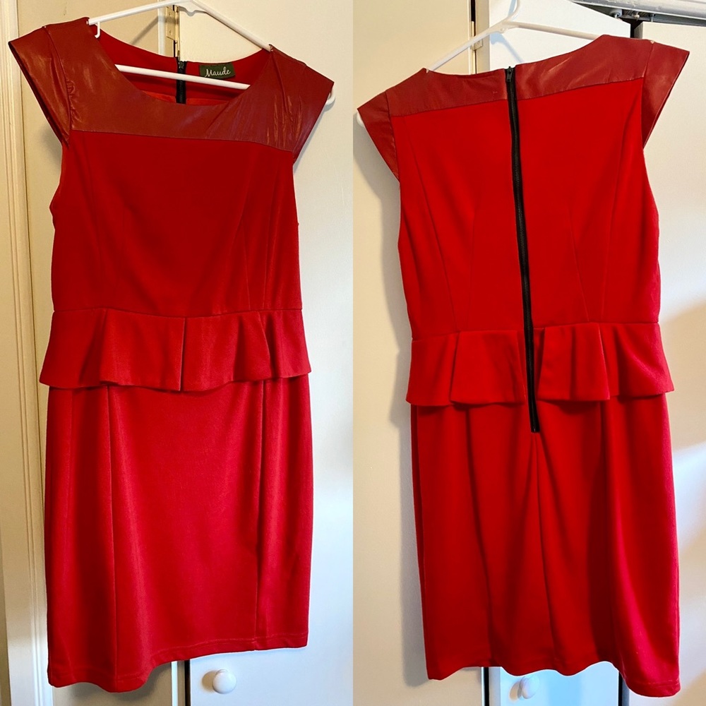 Red mixed media jersey-knit-like peplum dress